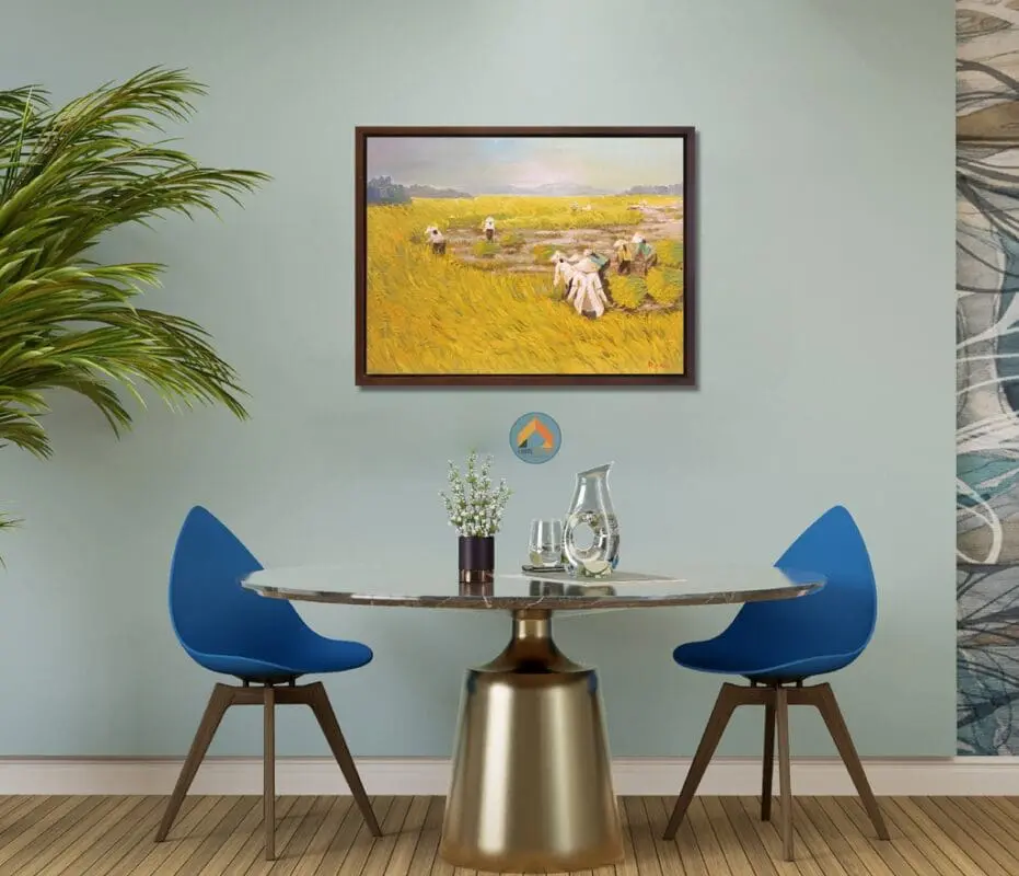 Tranh sơn dầu mùa gặt treo không gian phòng ăn ấm cúng