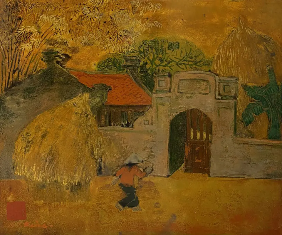 Tác phẩm tranh sơn mài làng cổ