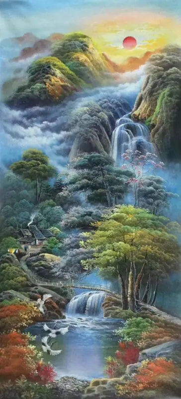 Tranh sơn thủy hữu tình khổ dọc phù hợp treo trong những không gian phòng làm việc nhỏ hẹp