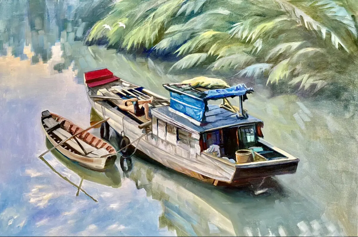 Vùng quê sông nước được vẽ trên chất liệu màu nước