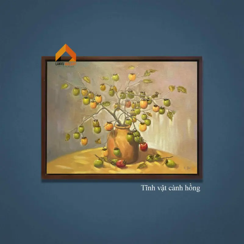 Tranh sơn dầu quả hồng trĩu cành như mang cả mùa thu tháng 8 về nhà