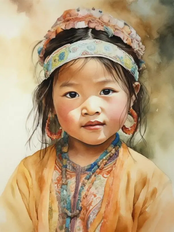 Bức tranh chân dung màu nước vẽ em bé dân tộc với nét đẹp ngây thơ, trong trẻo