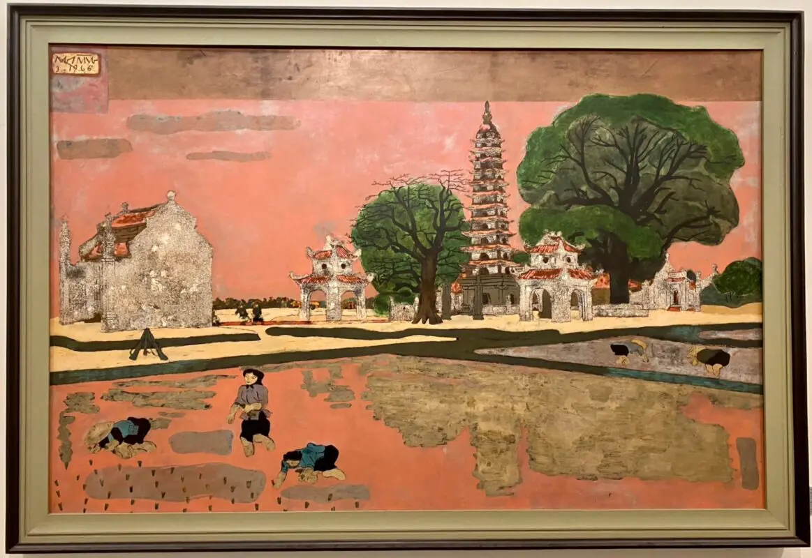 Tranh sơn mài phong cảnh Chùa Tháp Phổ Minh của họa sĩ Nguyễn Sáng