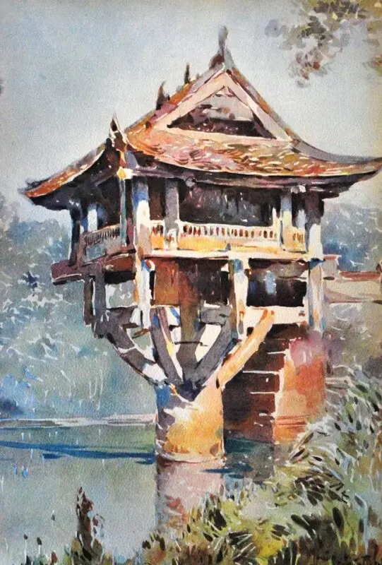 Tranh vẽ màu nước phong cảnh Chùa Một Cột