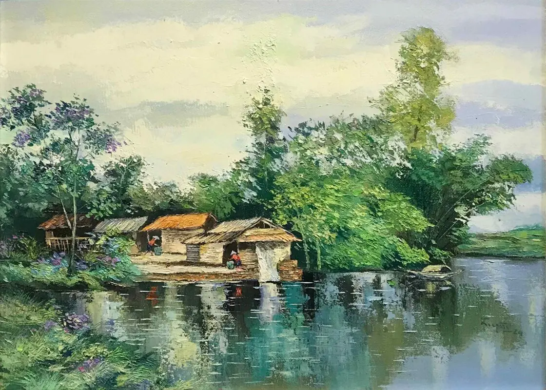 Tranh sơn dầu mùa hè với phong cảnh làng quê bình yên