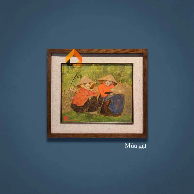 Tranh sơn mài nhỏ "Mùa gặt", 25x30 cm của họa sĩ Nguyễn Văn Bảng