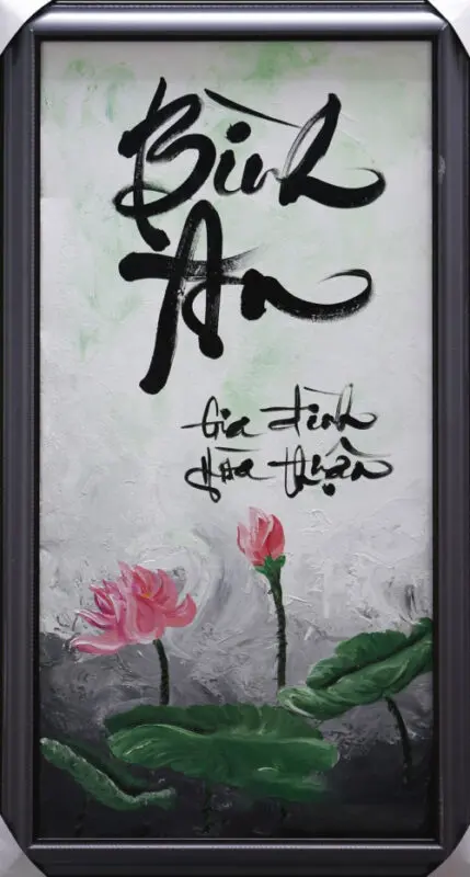tranh sơn dầu thư pháp hoa sen