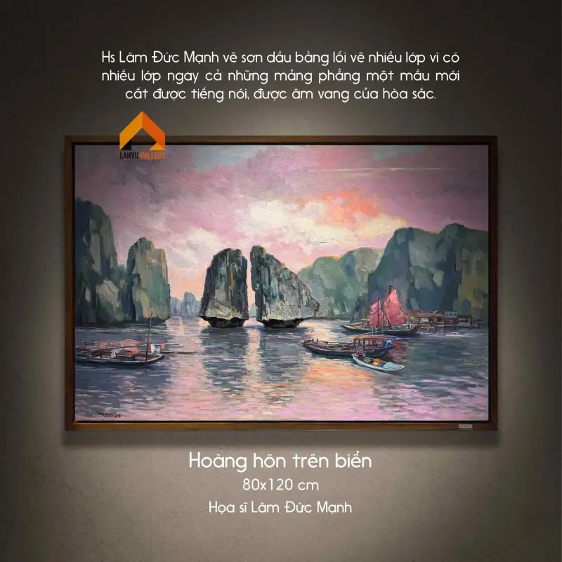 Vịnh biển Hạ Long một chiều hoàng hôn trong tranh họa sĩ Lâm Đức Mạnh