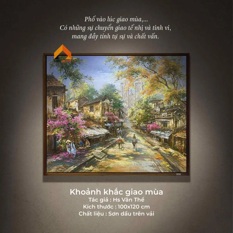 Tranh sơn dầu Hà Nội với hình ảnh gánh hàng rong, tà áo dài bay trong gió đặc trưng