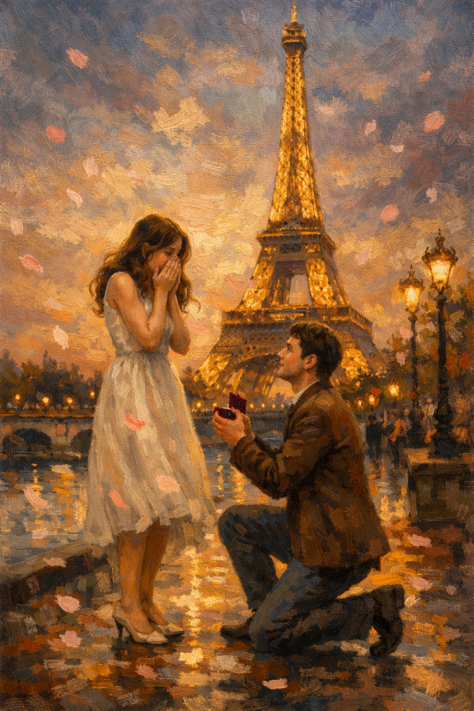 Cầu hôn dưới tháp Eiffel trong không gian lãng mạn ánh đèn vàng Cre: Internet