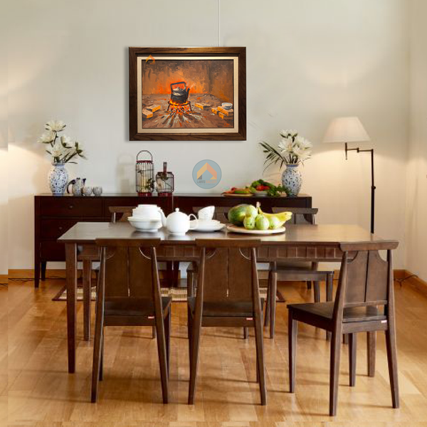 Tranh sơn dầu chủ đề bếp xưa với hình ảnh bếp củi đỏ lửa thân quen với biết bao thế hệ