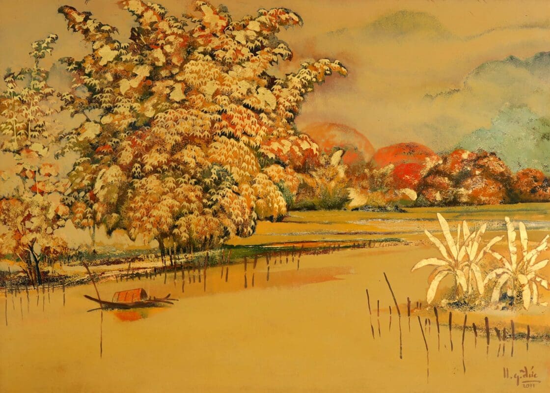 Tác phẩm tranh sơn mài phong cảnh “Ký ức quê” họa sĩ Nguyễn Quang Đức