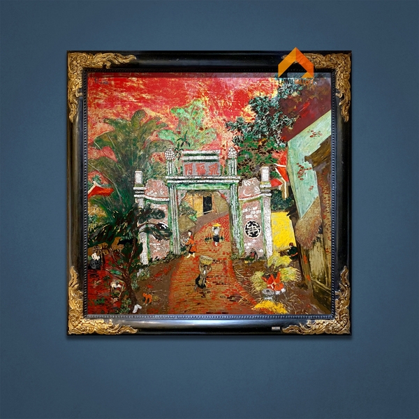 Tác phẩm “Làng cổ” họa sĩ Lê Khánh Hiếu tái hiện cảnh làng quê xưa với cổng làng cổ kính 