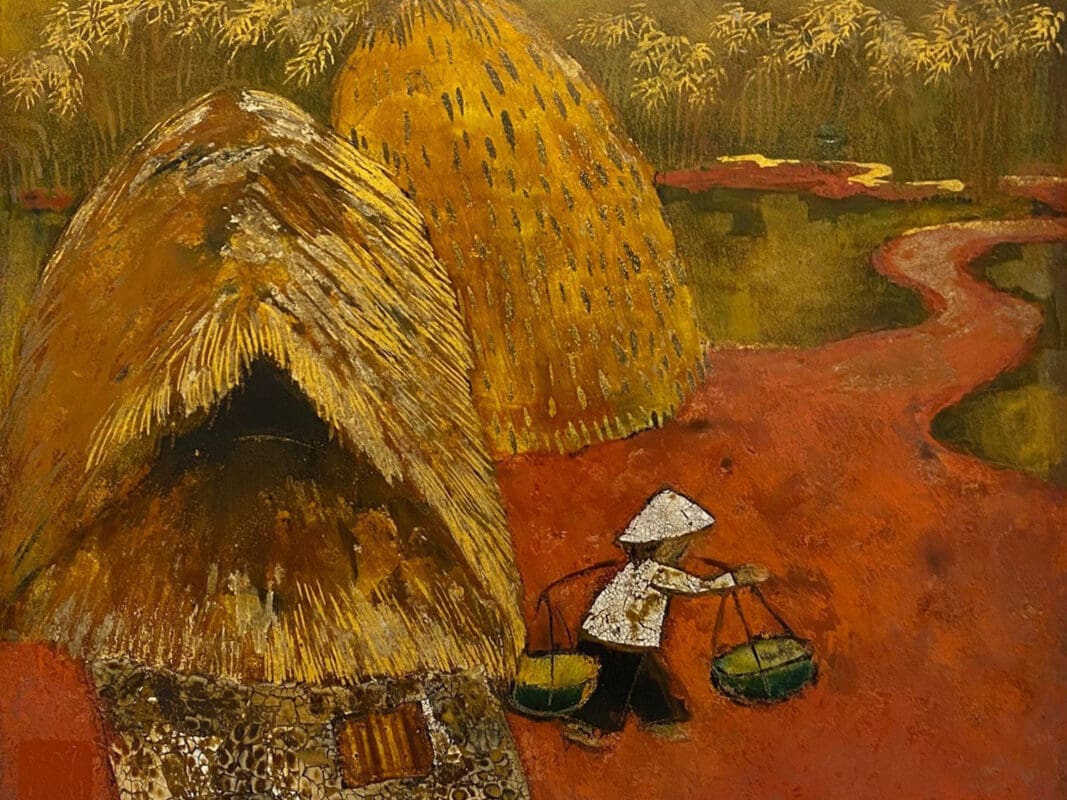 Tác phẩm tranh sơn mài chủ đề phong cảnh quê hương “Rơm và cây” của họa sĩ Nguyễn Văn Bảng