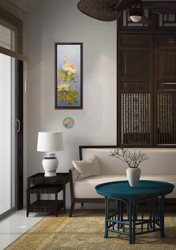Tranh sơn dầu hoa sen khổ dọc đẹp cho những không gian nhỏ hẹp trong nhà