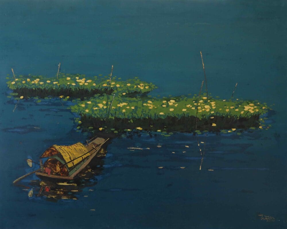 Tác phẩm tranh sơn mài phong cảnh “Bến sông chiều” họa sĩ Trà Phin