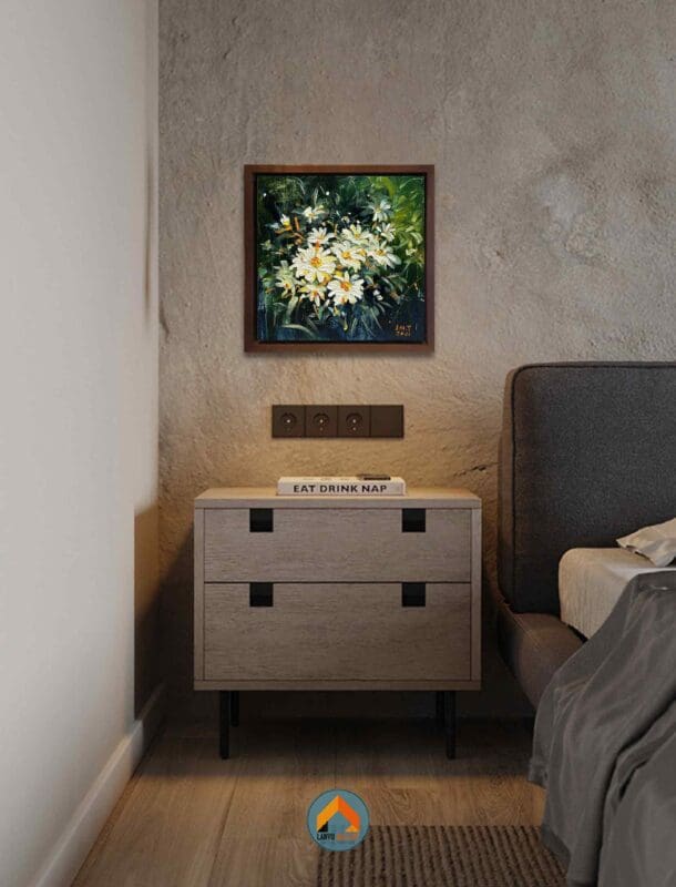 Tranh sơn dầu khóm hoa tươi tuyệt đẹp thích hợp treo vị trí đầu giường phòng ngủ