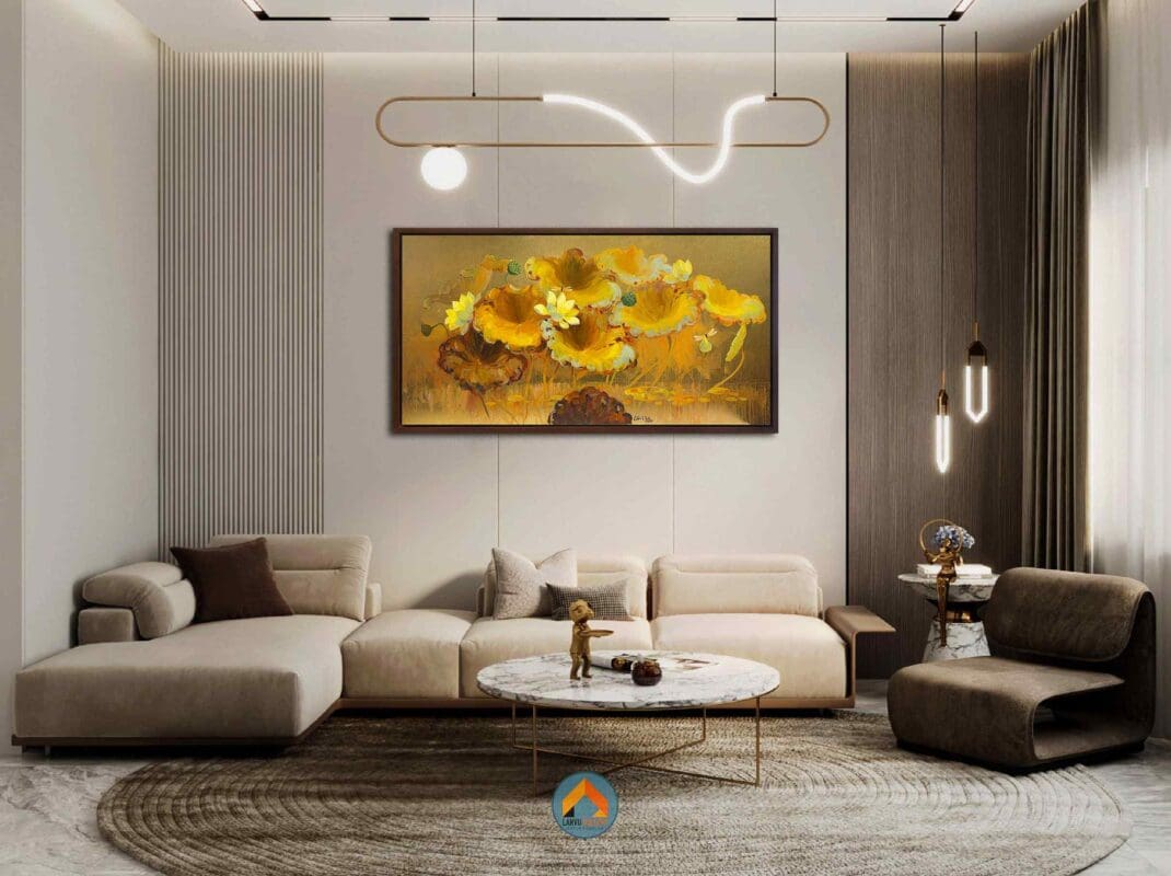 Điểm nhấn sang trọng cho không gian phòng khách với tranh sơn dầu hoa sen dát vàng mang vẻ đẹp thuần khiết, thanh cao. Ý nghĩa thịnh vượng và thành công
