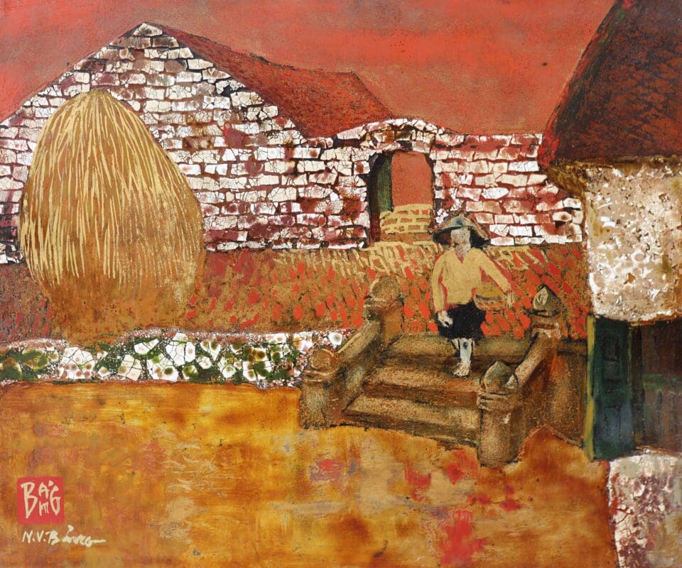 Tác phẩm “Ao làng” tranh sơn mài của họa sĩ Nguyễn Văn Bảng