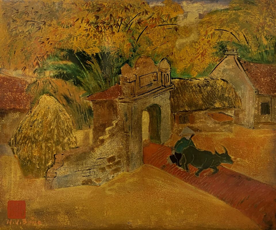 Tranh sơn mài phong cảnh làng cổ họa sĩ Nguyễn Văn Bảng