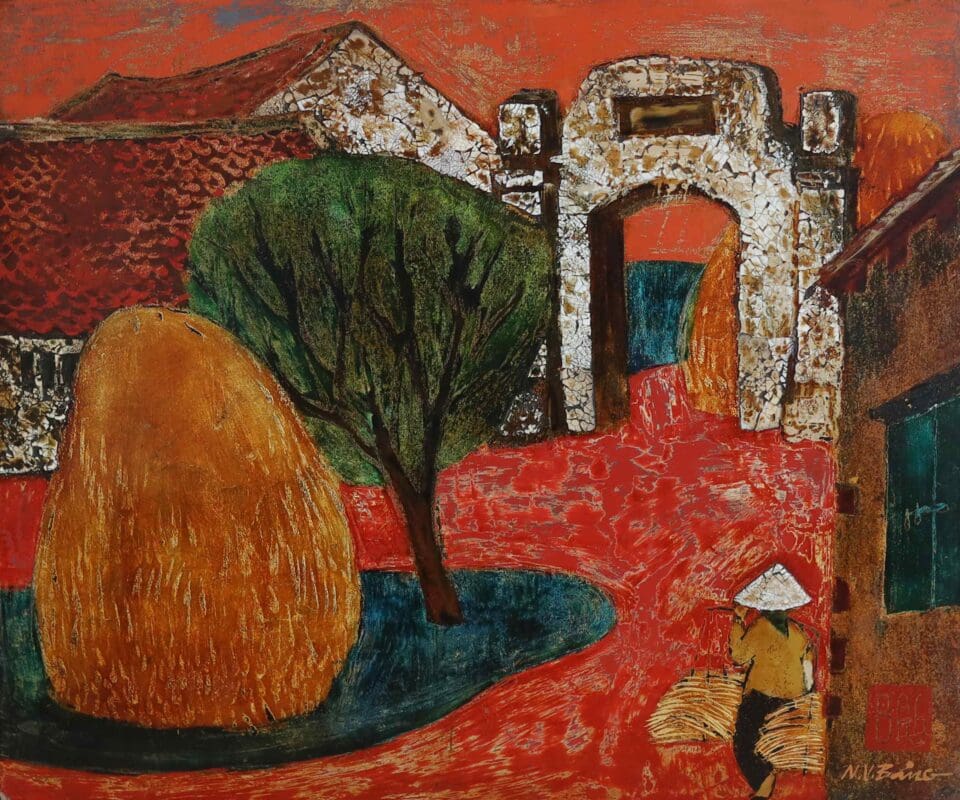 Tác phẩm “Rơm và cây” tranh sơn mài của họa sĩ Nguyễn Văn Bảng