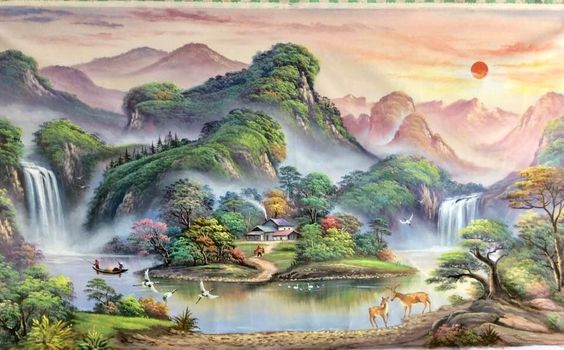 Tranh sơn dầu sơn thủy hữu tình với cảnh núi non hùng vĩ trong khoảnh khắc đón chào bình minh