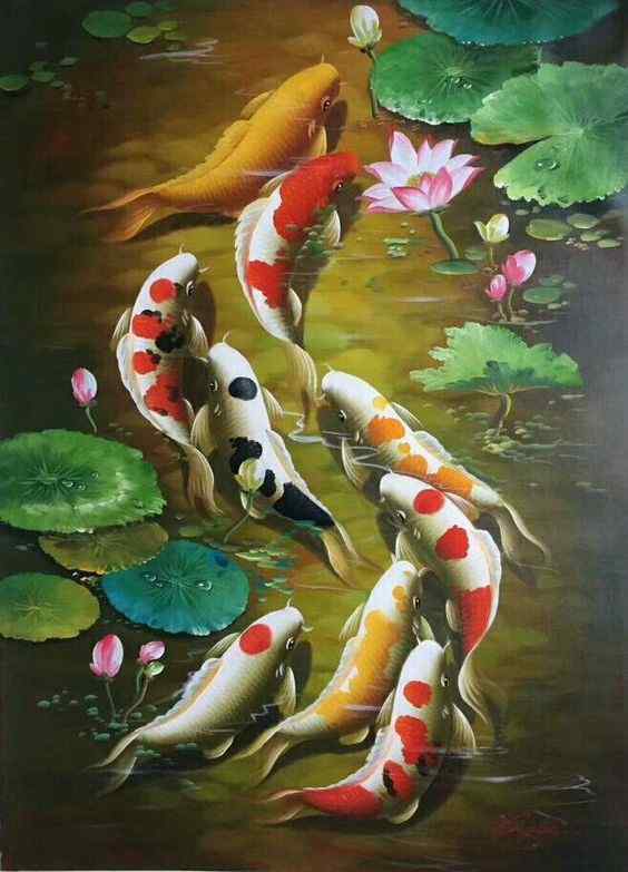 Tranh sơn dầu cá chép hoa sen mang nét truyền thống rất phù hợp với phong cách nội thất Indochine