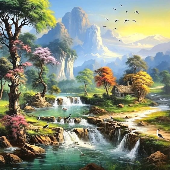 Tranh sơn dầu sơn thủy hữu tình với cảnh sắc thiên nhiên mùa thu bình yên