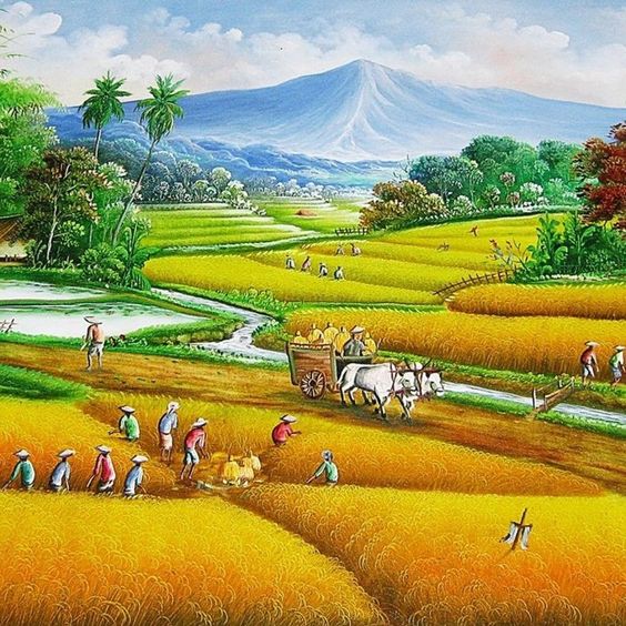 Tranh sơn dầu sơn thủy hữu tình vẽ cảnh đồng quê yên bình, đang vào mùa gặt rộn ràng và tấp nập