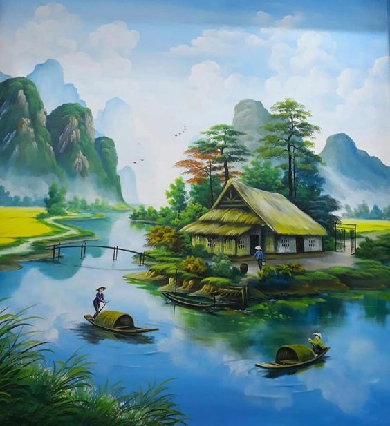 Cảnh non nước làng quê thanh bình trong tranh sơn thủy hữu tình với màu xanh chủ đạo mang đến cảm giác dịu mát và nhẹ nhàng cho không gian