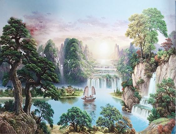 Tranh sơn dầu sơn thủy hữu tình gam màu xanh nhẹ nhàng, tạo cảm giác thư thái khi ngắm nhìn