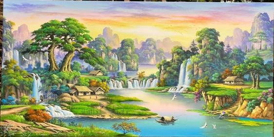 Tranh sơn thủy hữu tình vẽ trên chất liệu sơn dầu tươi sáng mang tới nguồn năng lượng và sức sống mới cho không gian