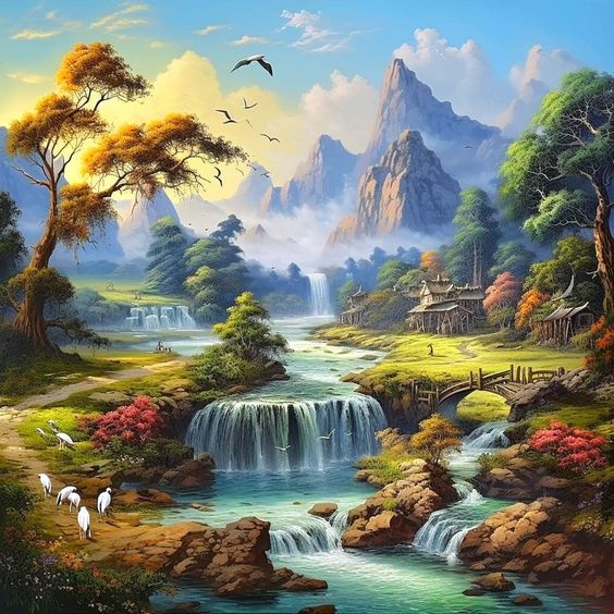 Bức tranh sơn dầu sơn thủy hữu tình mang vẻ đẹp bình yên với sự hòa quyện của các yếu tố núi, mây, non nước