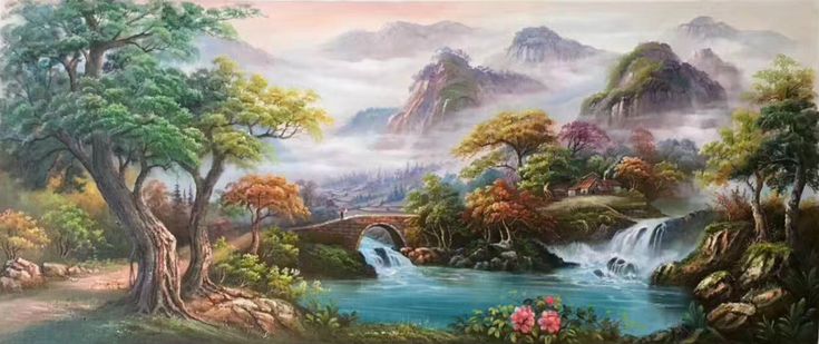 Bức tranh sơn dầu sơn thủy hữu tình với nét đẹp thơ mộng với hình ảnh cây cầu bắc ngang qua dòng nước chảy trôi êm đềm