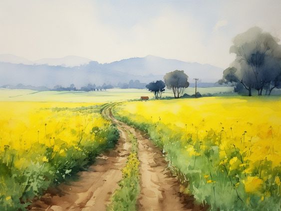 Tranh màu nước vẽ phong cảnh cánh đồng hoa rực rỡ