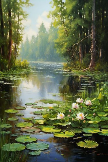 Phong cảnh đầm súng thơ mộng trong tranh phong cảnh màu nước