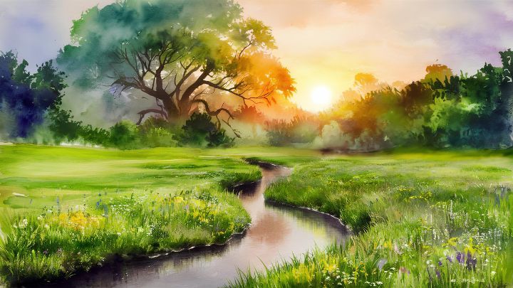Cảnh bình minh yên bình bên dòng suối thơ mộng