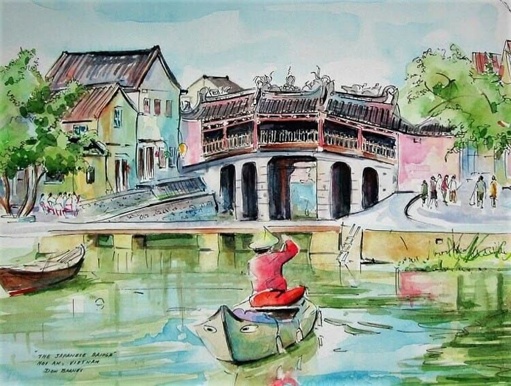 Tranh màu nước phong cảnh Chùa Cầu Hội An