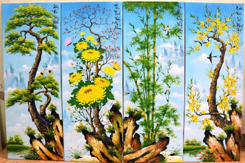 Tranh sơn dầu bốn mùa Tùng - Cúc - Trúc - Mai 