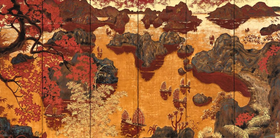 Bức tranh sơn mài Bình minh trên biển Hạ Long với tông màu ấm áp, rực rỡ Cre: Internet