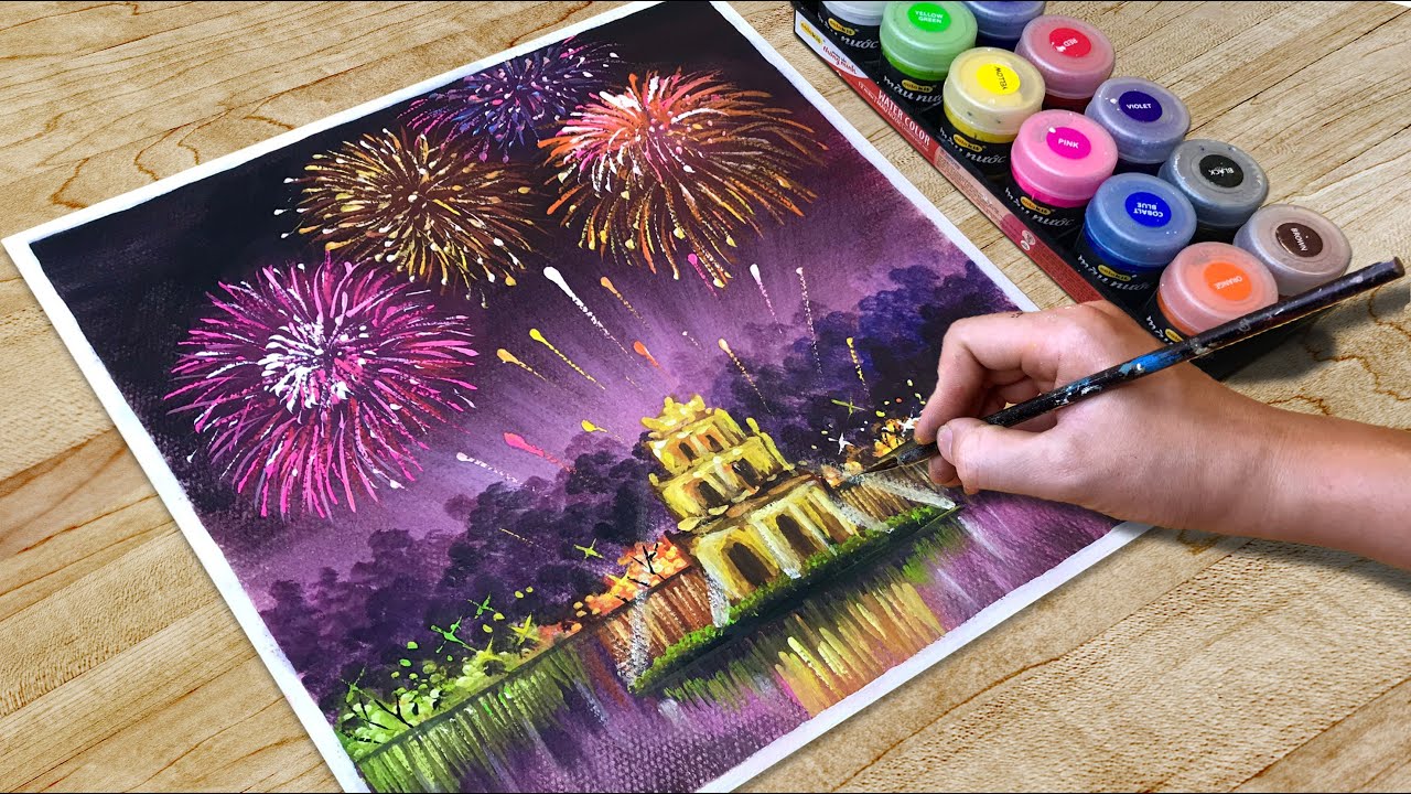 Tranh đề tài lễ hội màu nước chủ đề pháo hoa rực rỡ được nhiều họa sĩ lựa chọn Cre: Internet
