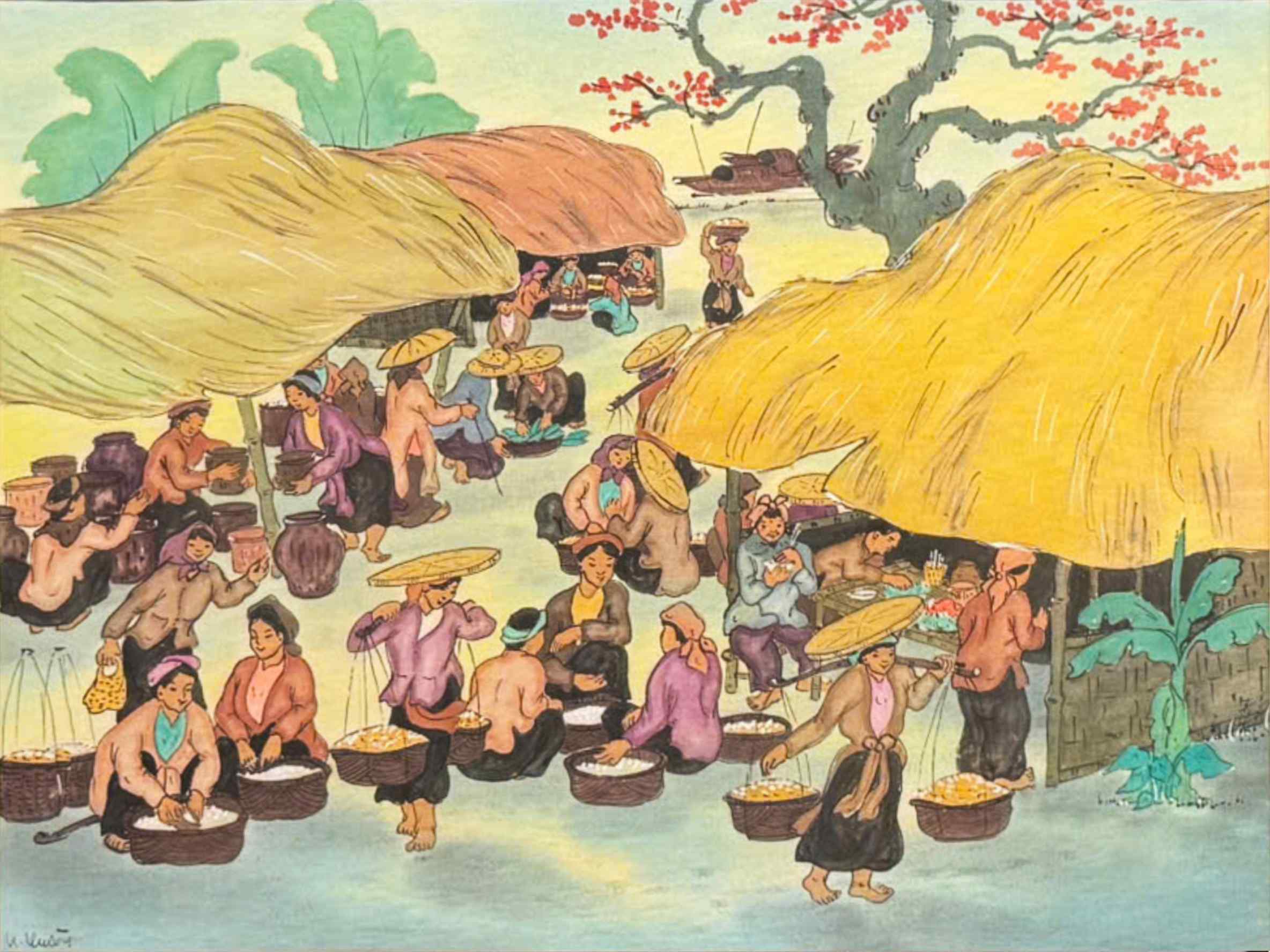 Chợ quê - 30x40 - - HS La Vuông MAPS-tranh lụa