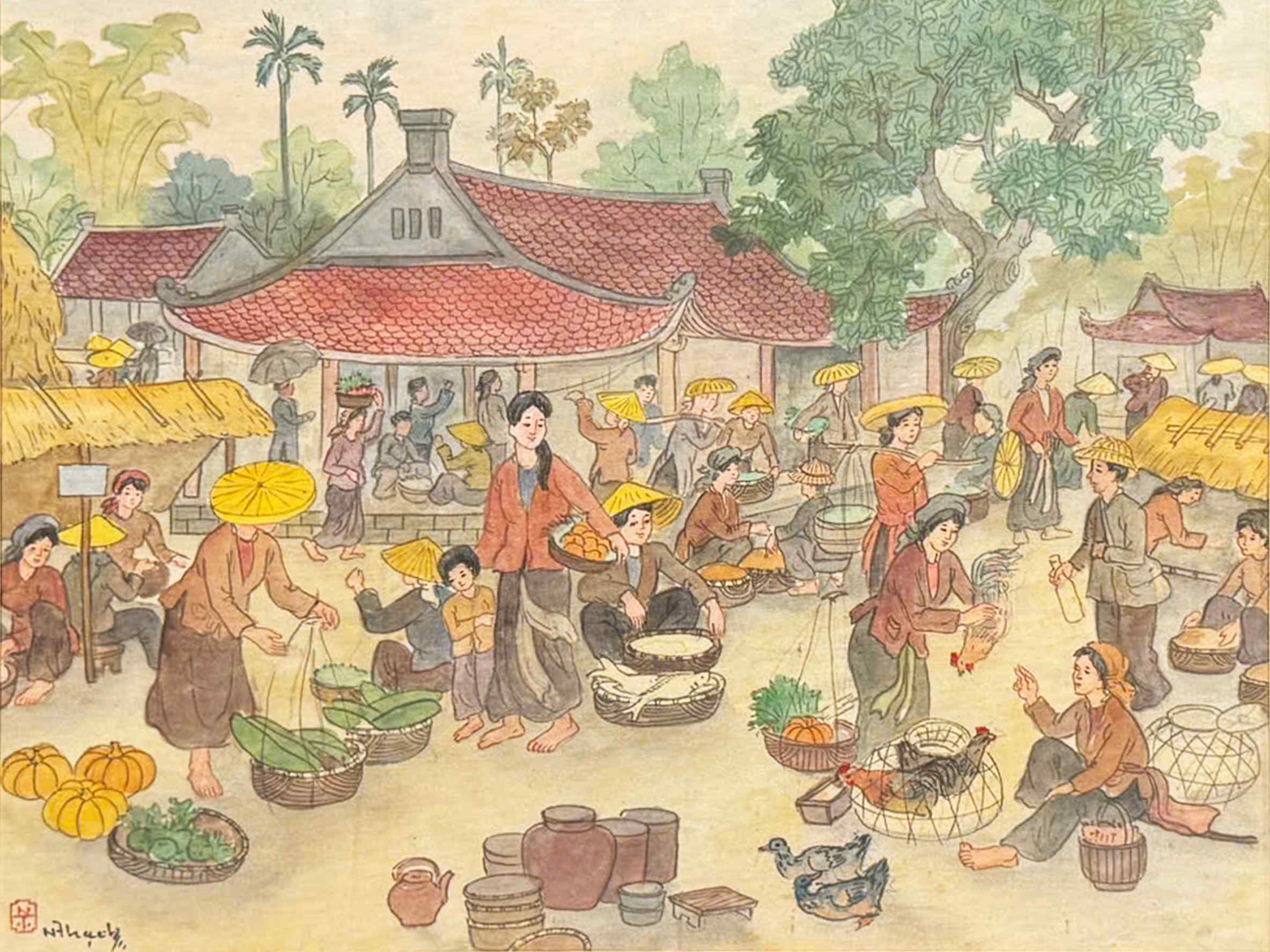 Chợ quê - 30x40 - - HS Nguyên Thạch MAPS-tranh lụa