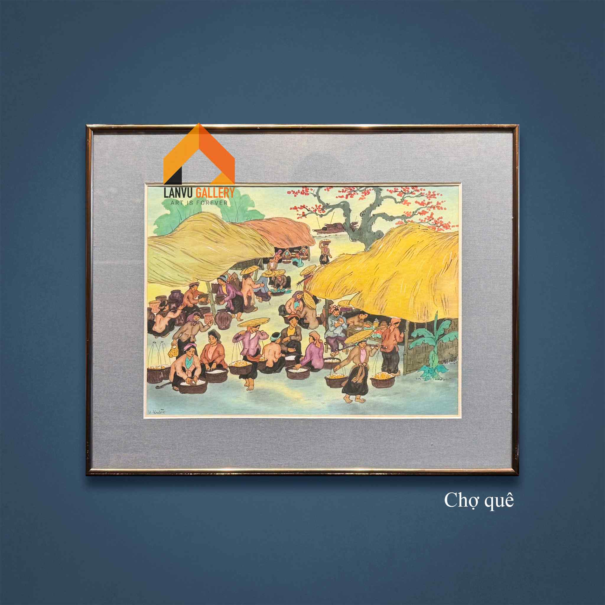 Chợ quê - 30x40 - khung 43x53 - - HS La Vuông LOGO-tranh lụa-tranh lụa