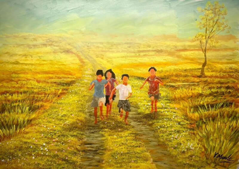 Tranh sơn dầu em bé vui đùa cùng bạn bè trong một buổi chiều nắng vàng Cre:Internet