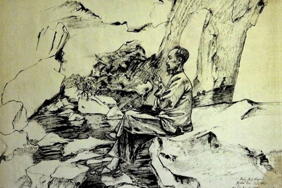 Tác phẩm Bác Hồ làm thơ ở Pác Bó với kỹ thuật sơn mài tinh tế
