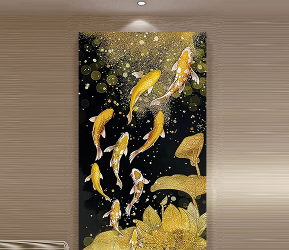 Tranh sơn mài cửu ngư quần hội dát vàng