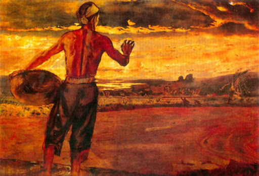 Tác phẩm Bình minh trên nông trang - Tranh sơn mài của Nguyễn Đức Nùng