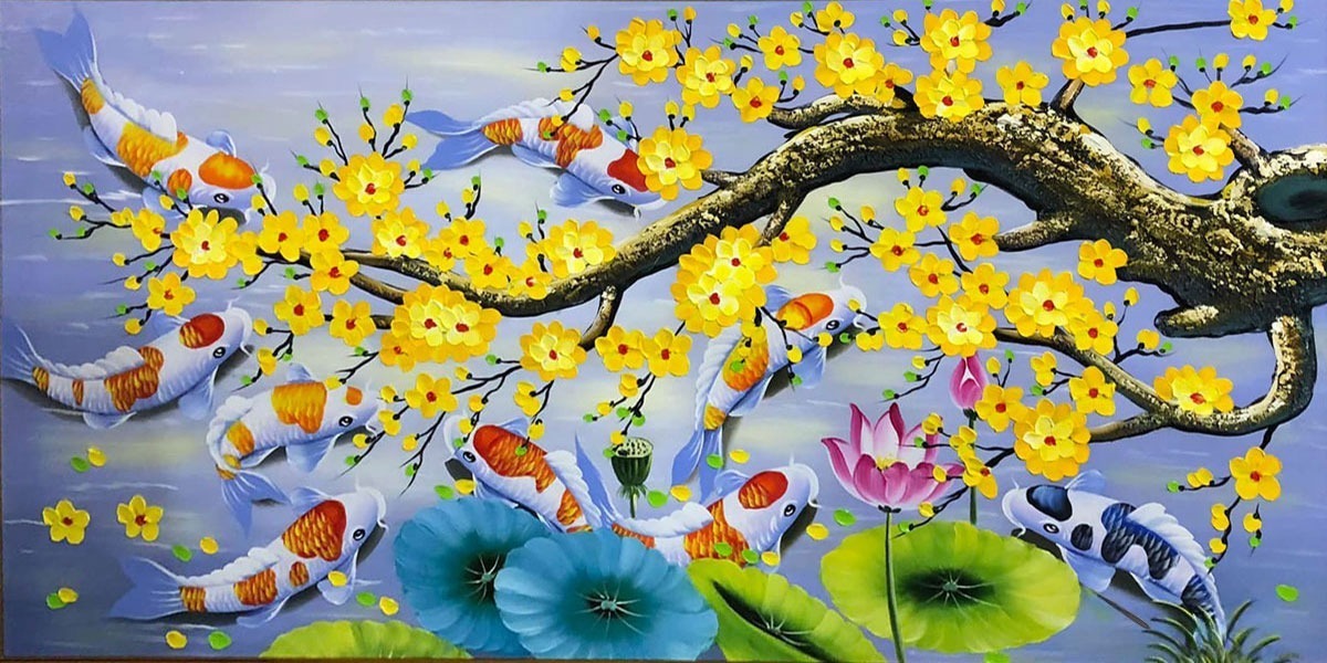 Tranh sơn dầu hoa mai cá chép ẩn chứa nhiều giá trị phong thủy ngày năm mới Cre: Internet